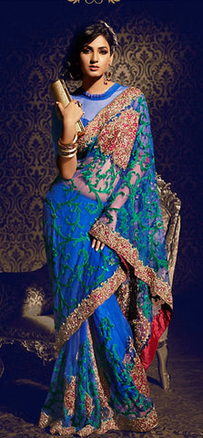 Magnificient Deep Blue Net Saree